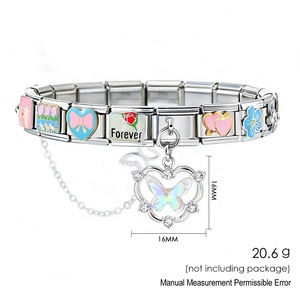 Bracelet modulaire en acier inoxydable avec breloques florales, perles émaillées papillon et tulipe, hypoallergénique pour peaux sensibles, chaîne - Product Image 1