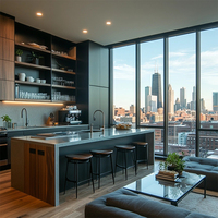 Lemari Dapur Modern Custom Desain Terintegrasi Mewah Pintu Akrilik Anti Air Stainless Steel Lampu LED untuk Rumah Apartemen