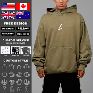 เสื้อฮู้ดดี้ผ้าฝ้ายระบายอากาศปักโลโก้ตามสั่ง ฮิปฮอปทรงโอเวอร์ไซส์สำหรับผู้ชาย มีกระเป๋าใหญ่ ขายส่งจากโรงงาน - Product Image 2