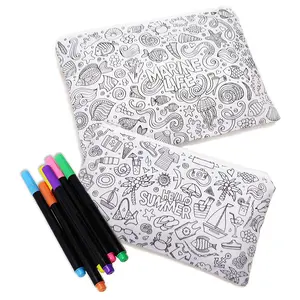 Cotton Canvas Drawing Zipper Pencil Case with Marker Big Capacity Pencil Pouch with Zipper Hot Sale Craft Color Your Own Natural