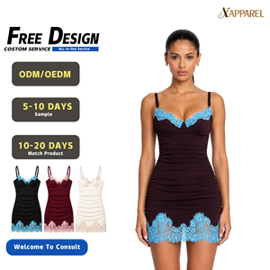 A&J OEM ODM <b>Custom</b> Logo Women Ruched Spaghetti Strap Contrast Lace Trim Bodycon Mini <b>Dress</b> Side Drawstring Manufacturer MOQ50 - Product Image 1