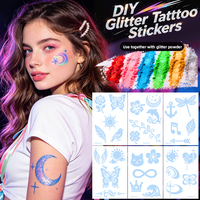 Stiker Tato Temporer Bubuk Glitter OEM Kustom Motif Tengkorak Kelelawar Labu untuk Seni Tubuh DIY Halloween Grosir