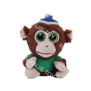 Özel sevimli maskot peluş kahverengi kapşonlu maymun oyuncak giyinmiş oturan mutlu maymun bebek peluş oyuncak kristal gözler maymun