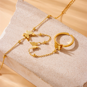 Butterfly Chain Gold Plated Stainless Steel <b>Bracelet</b> And Open Ring <b>Set</b> For Women Gift Jewelry - Product Image 3