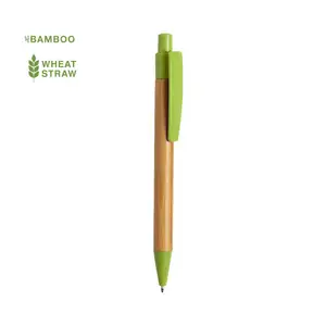 Promosi pena bolpoin bambu berkelanjutan dengan fitting jerami gandum pena kayu LOGO ukiran LASER untuk kantor menulis
