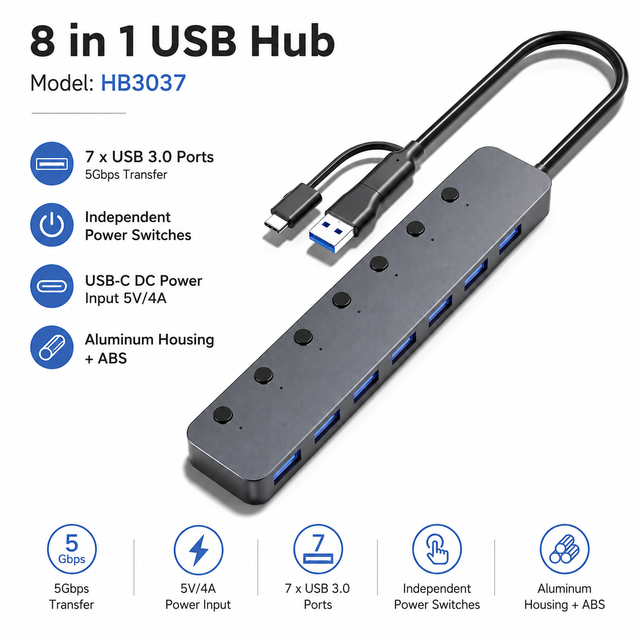 8-in-1 USB-C/A Hub with 7x USB 3.0 5Gbps, 5V/4A Power, Individual Switches, Aluminum Housing