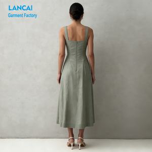 Abbigliamento Produttore Custom elegante Beige Top asimmetrico e Flowy Maxi Dress Due pezzi Set per le donne - Product Image 3