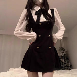 Chubby Korean Fashion Women's Elegant Casual Wear <strong>Black</strong> <strong>Pinafore</strong> <strong>Dress</strong> White Long Sleeve Button Sweet <strong>Dress</strong> - Product Image 4