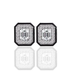 Mens Earrings Set 18K White Black Gold Ear rings Lab Diamond Moissanite DEF Emerald Cut Rectangle Shape Pave Halo Earrings