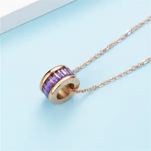 Classic Roman Women Rose Gold Plated Fashion Pink Purple Stainless Steel Roman Numerals Pendant Necklace