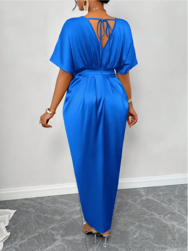 Solid Color Satin V-Neck Short Sleeve Waist Tie Slit Long Dress Solid Color Satin V-Neck Short Sleeve Waist Tie Slit Long Dress