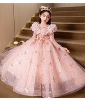 Nouvelle arrivée, robe de demoiselle d'honneur rose à manches longues et à perles, robe de princesse pour soirée, vêtements pour enfants et adolescents