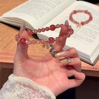 Bracelet en perles de quartz fraise naturel en forme de boule, bijou classique et élégant avec breloque nœud, cristal de guérison, énergie de l'amour, cadeau unisexe