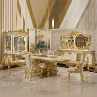 Ensemble de salle à manger de luxe en feuille d'or, 1 table et 6 chaises, style baroque éblouissant, meubles de palais en bois massif sculptés à la main, incrustations brillantes