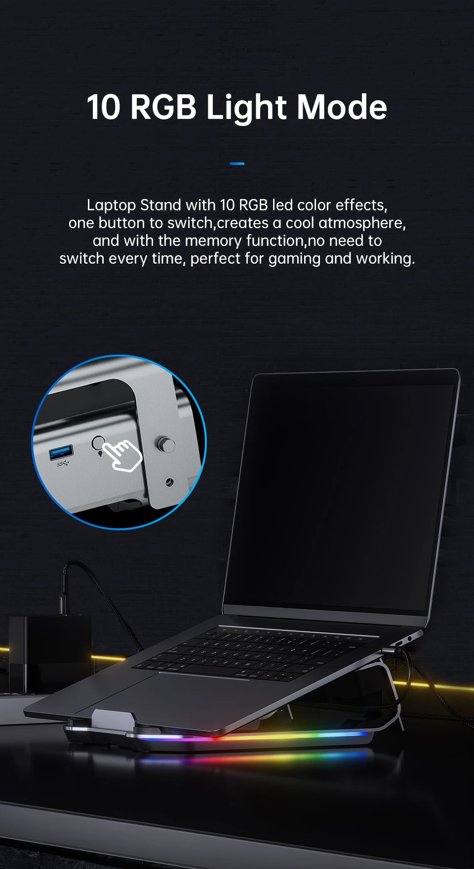 KUULAA Laptop Hub Stand Aluminum Alloy 4 Usb 3.0 Ports Pd 100W Fast Charging Hub Laptop Stand With 10 Modes Of RGB Lights