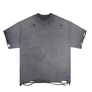 <span class=keywords><strong>T</strong></span>-shirt 100% Cotone con Logo Personalizzato, Lavaggio Acido, Design con Fori Strappati e Anello Metallico, Modello Oversize per Uomo - Product Image 4