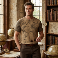 T-shirt pour homme avec logo personnalisé, imprimé carte du monde vintage - 100% coton tricoté, lavé, texture rétro, manches courtes, OEM/ODM