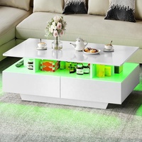 Table basse centrale de meubles de salon en bois à lumière LED réglable blanche à haute brillance avec tiroir de rangement