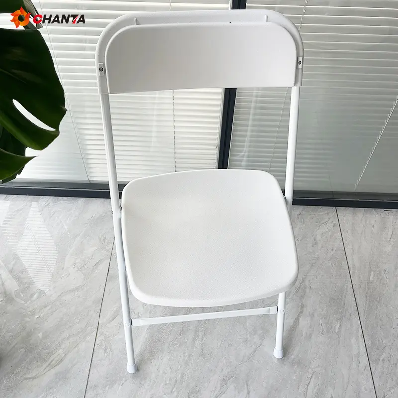 wholesale comfortable stackable wrought iron steel outdoor pp plastic white resin used wedding event party garden folding chair