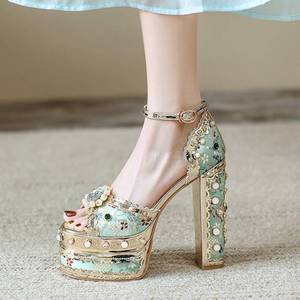 รองเท้าแซนดาเลียแพลตฟอร์มแบบย้อนยุคเปิดปลายเท้ารองเท้าส้นหนาสองชั้นหรูหราสำหรับผู้หญิง - Product Image 4