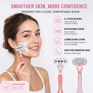 Maquinilla de Afeitar de 5 Cuchillas para Mujer, para <span class=keywords><strong>Piel</strong></span> <span class=keywords><strong>Sensible</strong></span>, Reutilizable, con Tira de Aloe, Mango Ergonómico, Sistema de Afeitado - Product Image 2