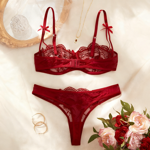Offerta Natalizia: Set di Lingerie Rossa per Donna, Reggiseno e Slip in Pizzo Esotico con Fiocco, Sexy Set in Spandex con Stampa Floreale - Product Image 5
