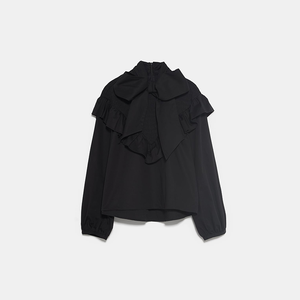 Novità 2020: Dolce <span class=keywords><strong>Top</strong></span> Nero in Popeline con Maniche Lunghe a <span class=keywords><strong>Volant</strong></span> e Bordo Arricciato per Donna - Product Image 5