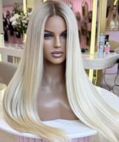 Perruque Lace Front Lisse Ombrée Platine Blond Platine Personnalisée Style Européen avec Racines Courtes Brunes Foncées pour Femmes Caucasiennes Usage Quotidien