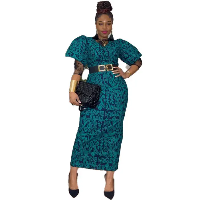 CW10712 New Design Office Lady Dress Printed Short Puff Sleeve Bodycon Maxi Career Dresses