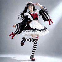 Conjunto de Vestido Lolita con Cuello Marinero para Mujer, Manga Larga, Volantes, Encaje, Delantal, Lazo Rojo y Negro, Estilo Kawaii, Mini Vestido de Fiesta
