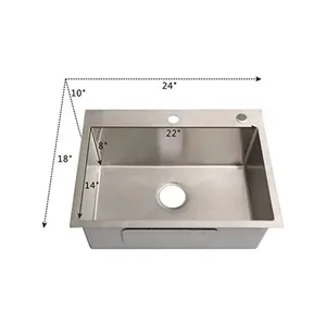 Évier de cuisine en acier inoxydable, évier simple avec robinet et vidange, bol simple de 8 ", 24x18", livraison gratuite