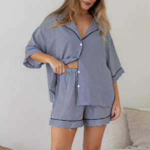 Conjunto de Pijama a Rayas Holgado para Mujer, Camiseta de Manga Corta <span class=keywords><strong>con</strong></span> Botones y Pantalones Cortos, Ropa de Dormir Informal para el Hogar - Product Image 2