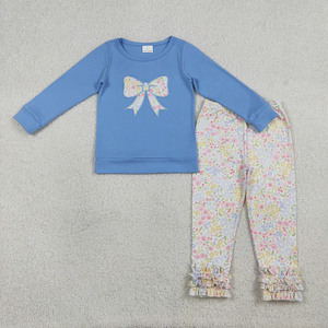 Conjunto de Ropa de Primavera para Niñas, Blusa Azul con Bordado de Lazo y Pantalones con Flores Coloridas - Product Image 3