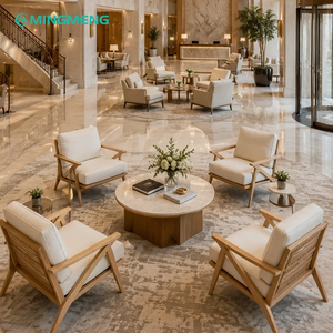 Light Neutral Reception Sofa Set <b>Cane</b> Webbing Wooden Accent <b>Chair</b> Round Stone Coffee Table For Resort Hotel Waiting Lobby Area - Product Image 1