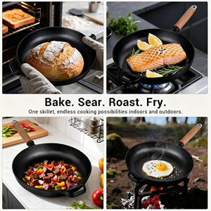 Poêle en fonte pré-assaisonnée avec couvercle et poignée en bois amovible - Poêle antiadhésive ultime <span class=keywords><strong>pour</strong></span> cuisinière, four, grill et feu de camp - Product Image 5