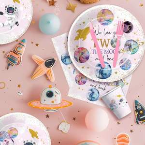 Factory Direct Girl Outer Space <b>Birthday</b> Party Supplies Pink Galaxy Dinnerware Set with <b>Table</b> Covers and <b>Birthday</b> Banner - Product Image 5