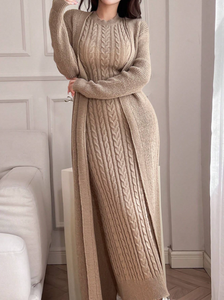 Ensemble décontracté 2 pièces pour <span class=keywords><strong>femme</strong></span> : <span class=keywords><strong>Gilet</strong></span> <span class=keywords><strong>en</strong></span> maille et robe longue sans manches avec logo frontal – Idéal printemps, automne, hiver - Product Image 4