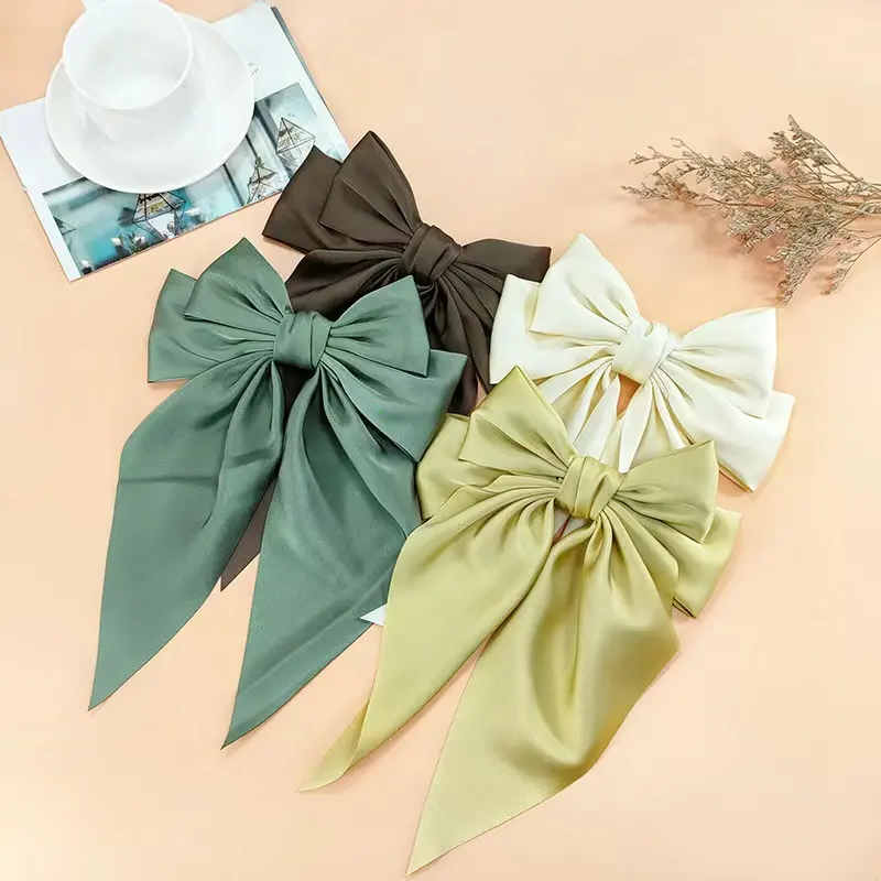 Q&Y 2022 New Korean Design High Quality Fabric Women Party Fall Hair Accessories Solid Satin Large Bow Barrette Girls Hair Bows