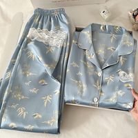 Pyjamas d'été chinois antiques nouveaux vêtements de maison à manches courtes costume petites fleurs fraîches soie de glace-sensation de fraîcheur taille élastique