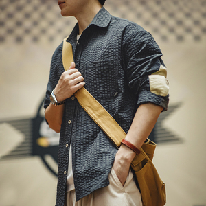 Chemise Maden pour <span class=keywords><strong>homme</strong></span> en seersucker à <span class=keywords><strong>carreaux</strong></span>, style vintage, en gaze texturée, patchwork vieilli, col contrastant, <span class=keywords><strong>surchemise</strong></span> printemps RTS - Product Image 4