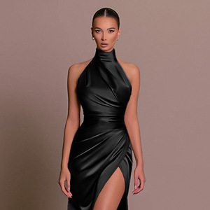Abbigliamento donna donna abito in <span class=keywords><strong>raso</strong></span> solido con cintura femminile senza maniche abiti lunghi eleganti abiti da festa - Product Image 3