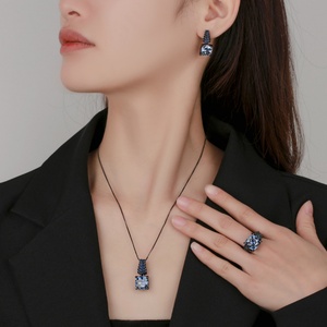 Factory Wholesale Eco-friendly Copper Black Gold Plated 14-12MM Zircon Pendant Earrings <b>Ring</b> Set Black Jewelry Set for Banquet - Product Image 6