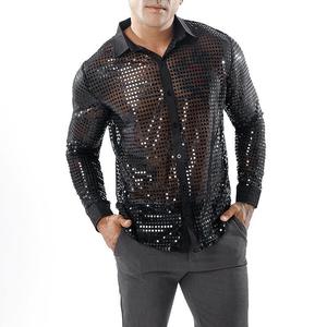 2023 Fashion <strong>Mens</strong> Sparkly Sequins Party Dance Shirts Retro <strong>70s</strong> Disco Nightclub Shirt Tops Single Breasted Performance <strong>Clothing</strong> - Product Image 3
