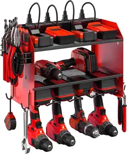 Wall Mount Power Tool Organizador com Estação de Carregamento, Broca Heavy Duty 4 Broca Garagem Prateleira De Armazenamento com Ganchos Chave De Fenda