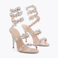Sandales à talons aiguilles pour femmes, avec fleurs en cristal et spirales, motif marguerite irisée, à enrouler autour de la jambe, motif floral, vente en gros, OEM, personnalisées
