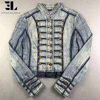 Veste Bomber en Jean Délavé Style Napoléon LARSUR, Coupe Slim, Col Montant, pour Moto, Veste Hussar en Jean Court
