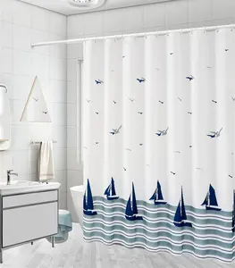 Sunlit Design Nautical Theme Fabric Shower Curtain, Navy Blue and Sailboats Color Block Stripes Shower Curtains
