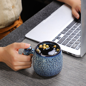 Mug à café en porcelaine créative, tourné au four, avec poignée en bois, grande capacité de 400 ml, compatible lave-vaisselle et micro-ondes, avec plateau inclus pour le bureau - Product Image 3