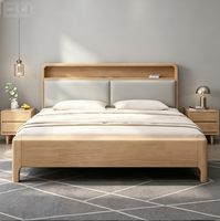 Cama Moderna de Madera Maciza de Roble con Cabecera LED Suave, Puerto de Carga USB y Almacenamiento, Estructura de Cama Doble para Dormitorio