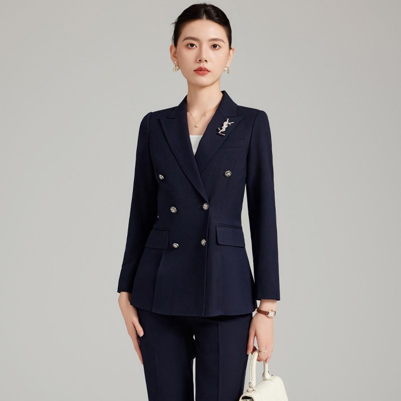 Navy blue suit trousers brooch